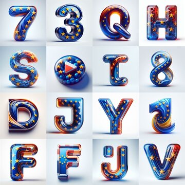 Glass letters shape in colors EU flag 3D Lettering Typeface. AI generated illustration