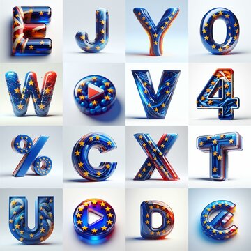 Glass letters shape in colors EU flag 3D Lettering Typeface. AI generated illustration