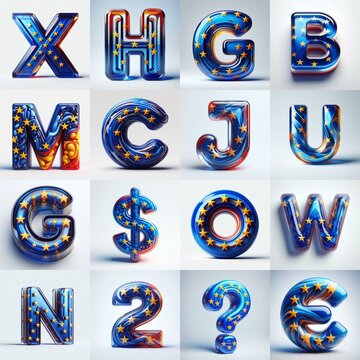 Glass letters shape in colors EU flag 3D Lettering Typeface. AI generated illustration