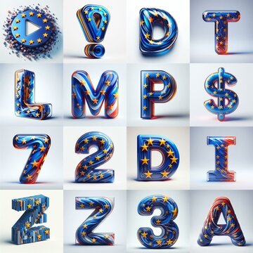 Glass letters shape in colors EU flag 3D Lettering Typeface. AI generated illustration