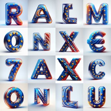Glass letters shape in colors EU flag 3D Lettering Typeface. AI generated illustration
