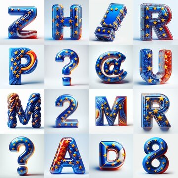 Glass letters shape in colors EU flag 3D Lettering Typeface. AI generated illustration