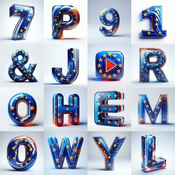 Glass letters shape in colors EU flag 3D Lettering Typeface. AI generated illustration