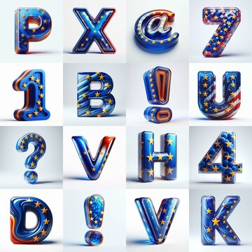 Glass letters shape in colors EU flag 3D Lettering Typeface. AI generated illustration