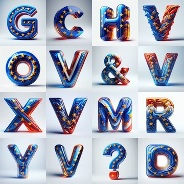 Glass letters shape in colors EU flag 3D Lettering Typeface. AI generated illustration