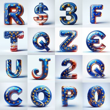 Glass letters shape in colors EU flag 3D Lettering Typeface. AI generated illustration