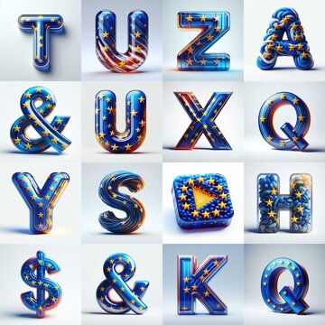 Glass letters shape in colors EU flag 3D Lettering Typeface. AI generated illustration