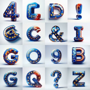Glass letters shape in colors EU flag 3D Lettering Typeface. AI generated illustration