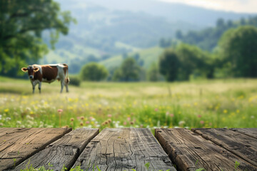 Empty wooden tabletop and blurred rural background of cows on green field and meadow with grass.