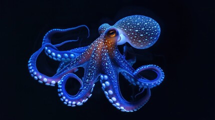 Sticker - a close up of a blue and white octopus on a black background with a light shining on it's head.