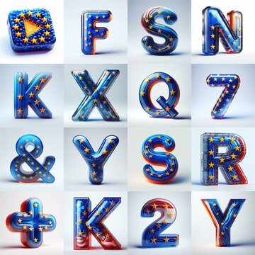 Glass letters shape in colors EU flag 3D Lettering Typeface. AI generated illustration