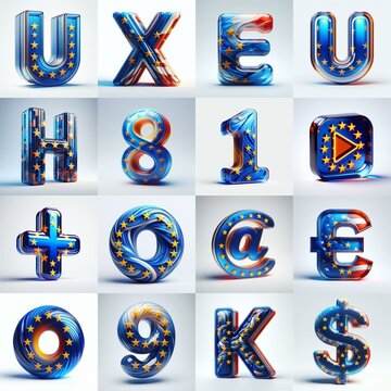 Glass letters shape in colors EU flag 3D Lettering Typeface. AI generated illustration