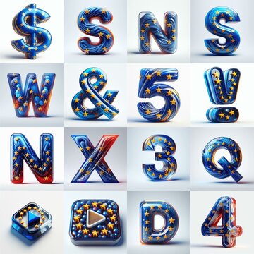Glass letters shape in colors EU flag 3D Lettering Typeface. AI generated illustration