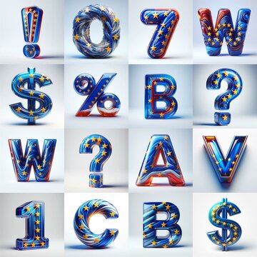 Glass letters shape in colors EU flag 3D Lettering Typeface. AI generated illustration