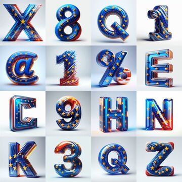 Glass letters shape in colors EU flag 3D Lettering Typeface. AI generated illustration