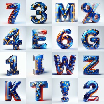 Glass letters shape in colors EU flag 3D Lettering Typeface. AI generated illustration