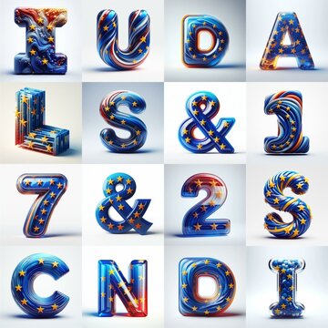 Glass letters shape in colors EU flag 3D Lettering Typeface. AI generated illustration