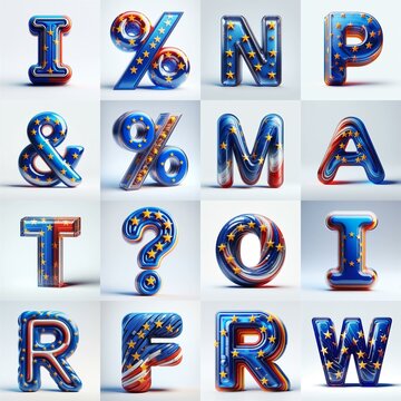 Glass letters shape in colors EU flag 3D Lettering Typeface. AI generated illustration