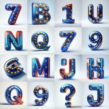 Glass letters shape in colors EU flag 3D Lettering Typeface. AI generated illustration