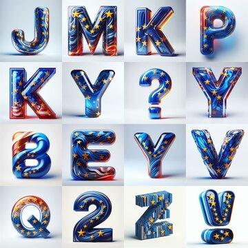 Glass letters shape in colors EU flag 3D Lettering Typeface. AI generated illustration