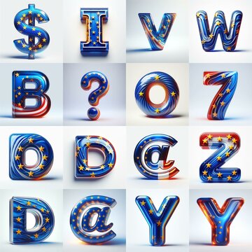 Glass letters shape in colors EU flag 3D Lettering Typeface. AI generated illustration