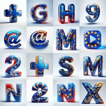 Glass letters shape in colors EU flag 3D Lettering Typeface. AI generated illustration