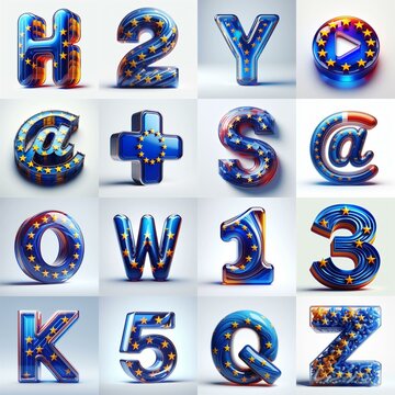 Glass letters shape in colors EU flag 3D Lettering Typeface. AI generated illustration