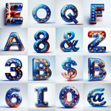 Glass letters shape in colors EU flag 3D Lettering Typeface. AI generated illustration