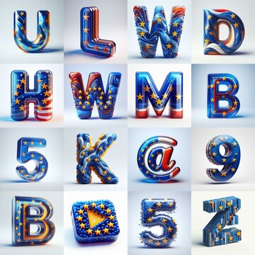 Glass letters shape in colors EU flag 3D Lettering Typeface. AI generated illustration