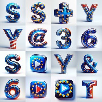 Glass letters shape in colors EU flag 3D Lettering Typeface. AI generated illustration