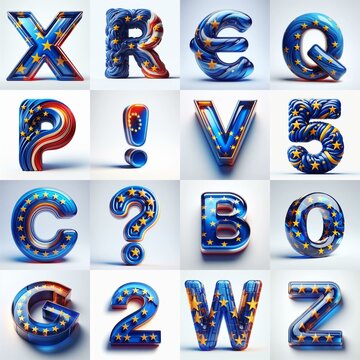 Glass letters shape in colors EU flag 3D Lettering Typeface. AI generated illustration