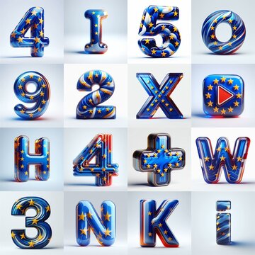 Glass letters shape in colors EU flag 3D Lettering Typeface. AI generated illustration