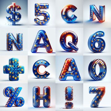 Glass letters shape in colors EU flag 3D Lettering Typeface. AI generated illustration
