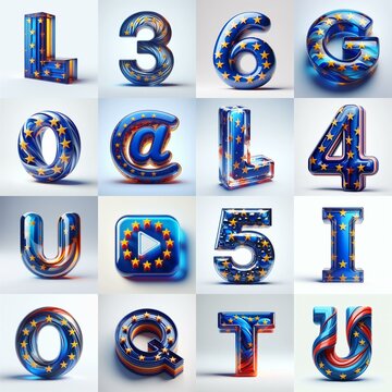 Glass letters shape in colors EU flag 3D Lettering Typeface. AI generated illustration