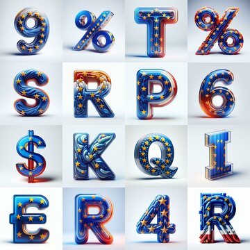 Glass letters shape in colors EU flag 3D Lettering Typeface. AI generated illustration