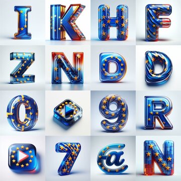 Glass letters shape in colors EU flag 3D Lettering Typeface. AI generated illustration