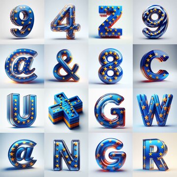 Glass letters shape in colors EU flag 3D Lettering Typeface. AI generated illustration