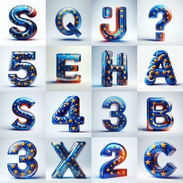 Glass letters shape in colors EU flag 3D Lettering Typeface. AI generated illustration
