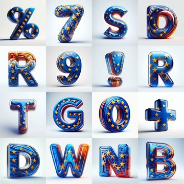 Glass letters shape in colors EU flag 3D Lettering Typeface. AI generated illustration