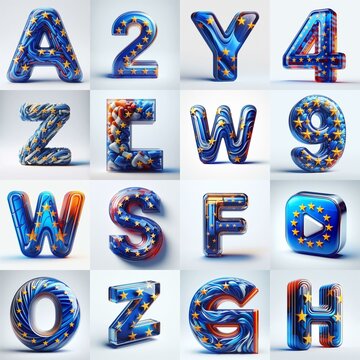 Glass letters shape in colors EU flag 3D Lettering Typeface. AI generated illustration