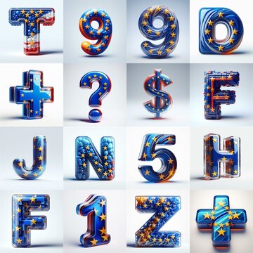 Glass letters shape in colors EU flag 3D Lettering Typeface. AI generated illustration