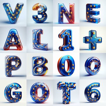 Glass letters shape in colors EU flag 3D Lettering Typeface. AI generated illustration