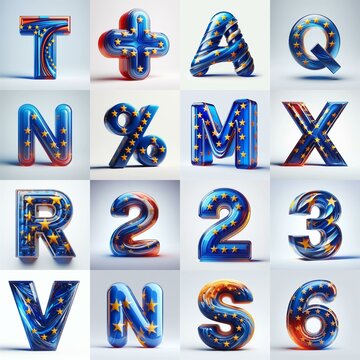 Glass letters shape in colors EU flag 3D Lettering Typeface. AI generated illustration