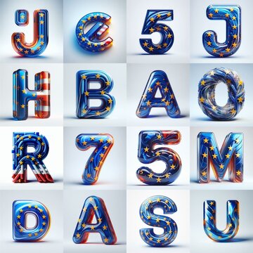 Glass letters shape in colors EU flag 3D Lettering Typeface. AI generated illustration