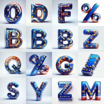 Glass letters shape in colors EU flag 3D Lettering Typeface. AI generated illustration