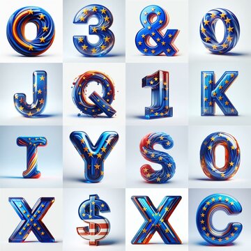 Glass letters shape in colors EU flag 3D Lettering Typeface. AI generated illustration