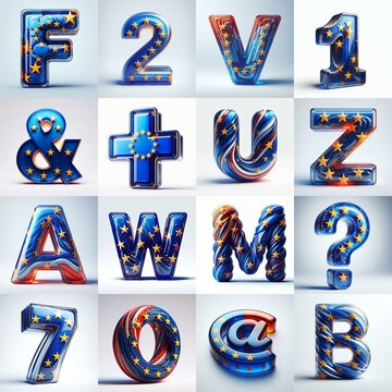 Glass letters shape in colors EU flag 3D Lettering Typeface. AI generated illustration