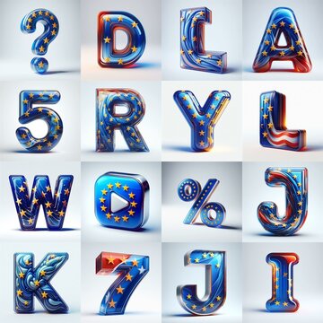 Glass letters shape in colors EU flag 3D Lettering Typeface. AI generated illustration