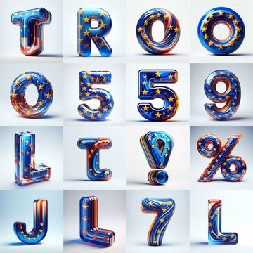Glass letters shape in colors EU flag 3D Lettering Typeface. AI generated illustration