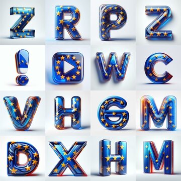 Glass letters shape in colors EU flag 3D Lettering Typeface. AI generated illustration